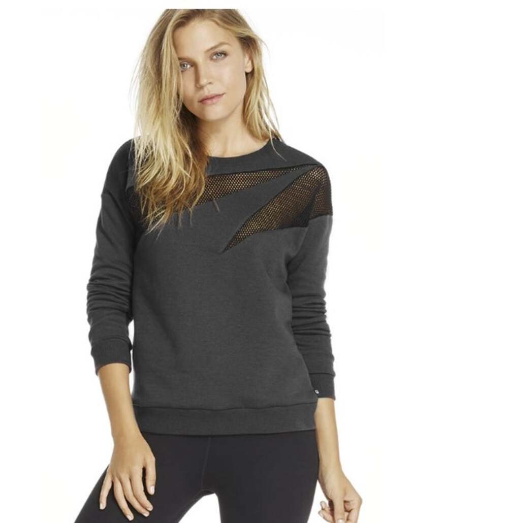 Fabletics Agon Pullover XS Ash Gray Black Crew Neck Pullover Sweater Mesh Cuts